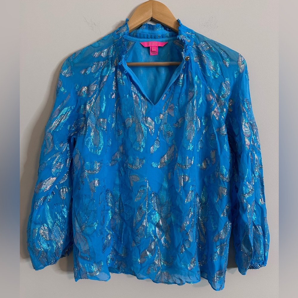 Lilly Pulitzer Womens Size S Galiana Silk Blouse Ocean Breeze Metallic Shimmer